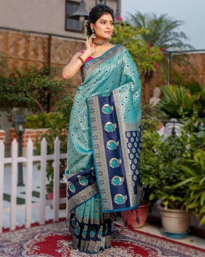 Kashmiri Modal Silk Saree Cyan Blue Color with Navy Blue Pallu and blouse - IndieHaat