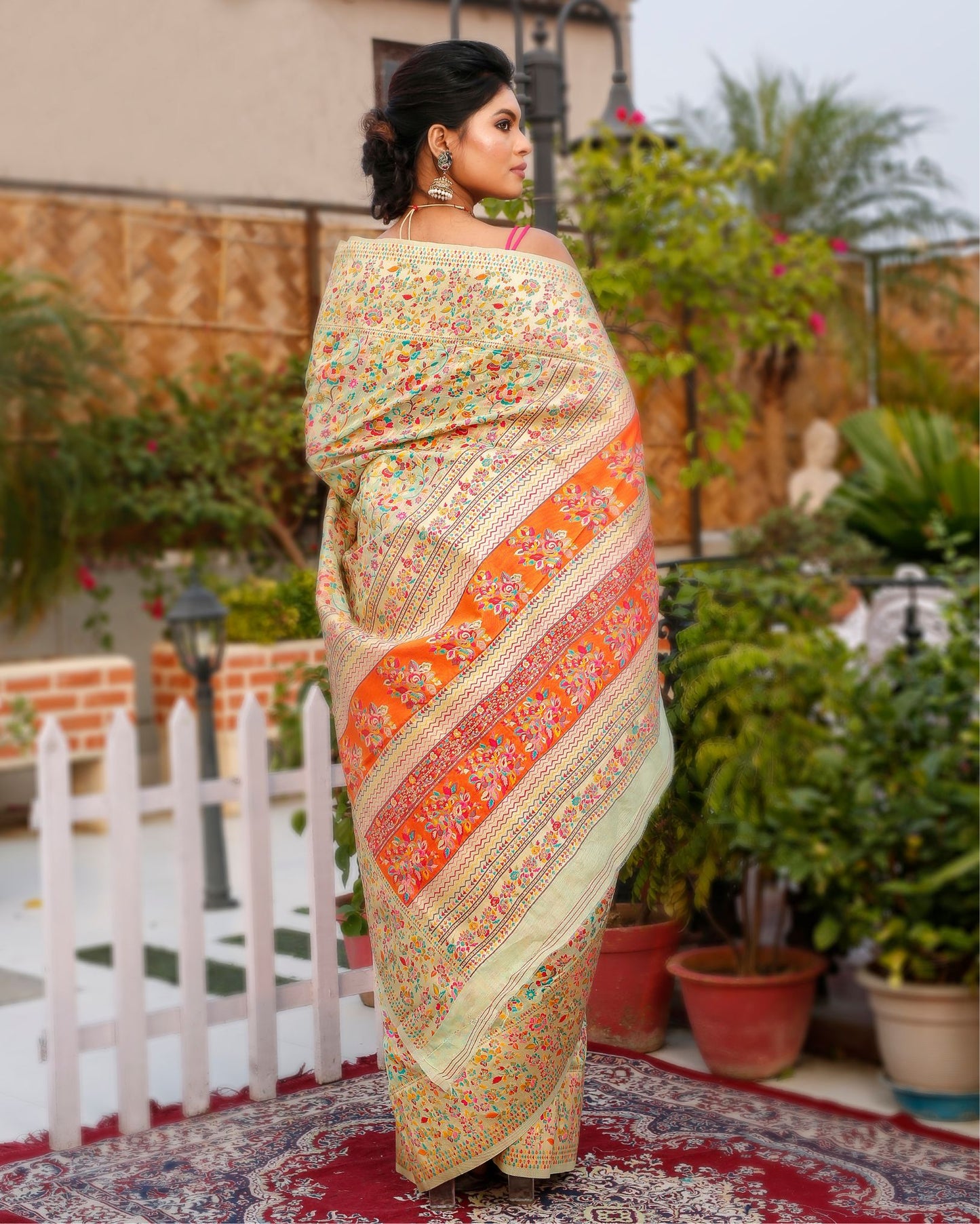 Kashmiri Modal Silk Saree Multi Color with contrast pallu and blouse - IndieHaat