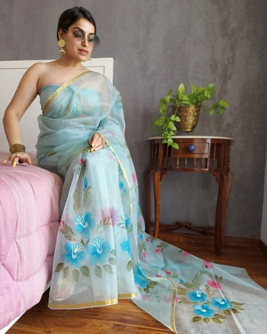 Organza Silk Saree Pastel Blue Color Hand Painted with running blouse - IndieHaat