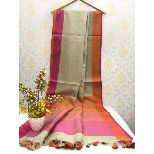 Handwoven Pure Linen Saree Beige Color with Blouse-Indiehaat