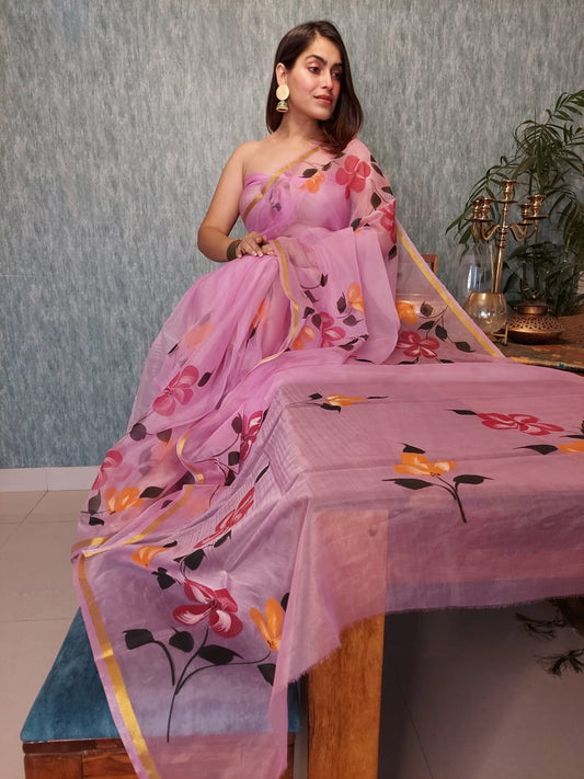 Organza Silk Saree Parrot Pink Color Hand Painted with running blouse - IndieHaat