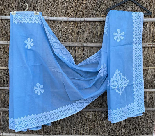Organdy Cotton Saree Applique work Cornflower Blue Colour with running blouse-Indiehaat