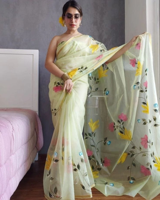 Organza Silk Saree Mint Grey Color Hand Painted with running blouse - IndieHaat
