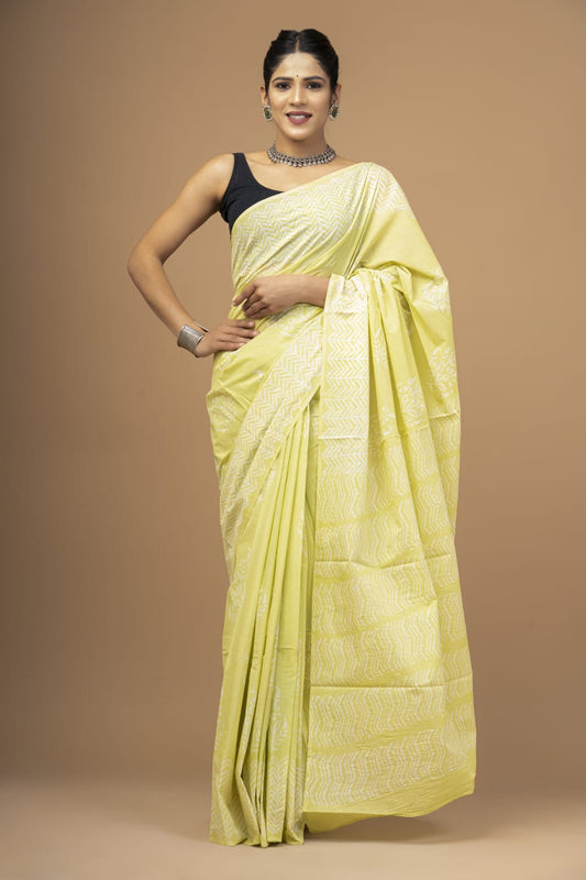 Mulmul Cotton Saree Pale Yellow Color Handblock Printed with running blouse - IndieHaat