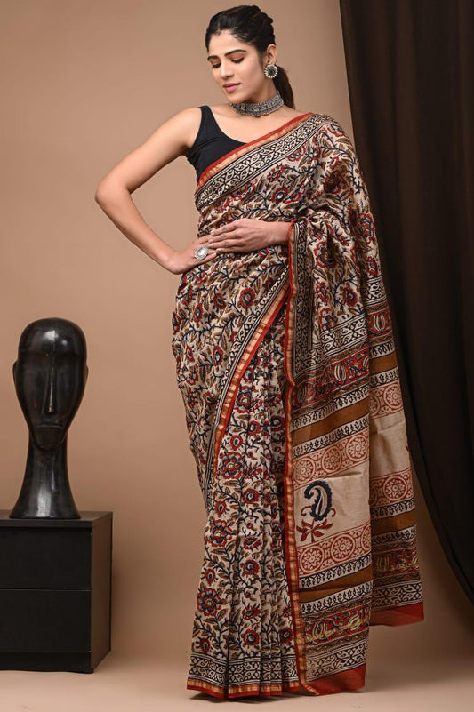 Chanderi Silk Brown Saree Hand Block Print Natural Dye and Color with running blouse-Indiehaat