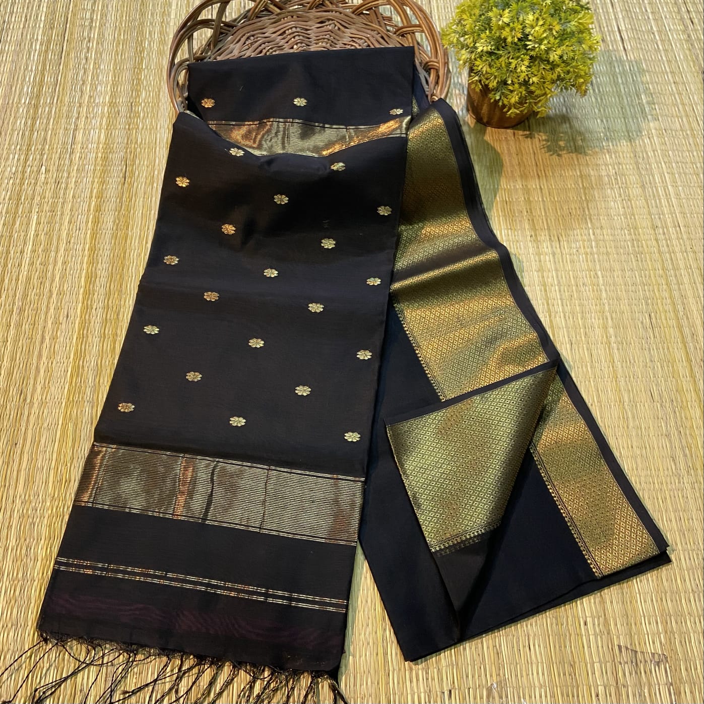 Maheshwari Cotton Silk Saree Butta Body Black Color and contrast blouse with butta design - IndieHaat