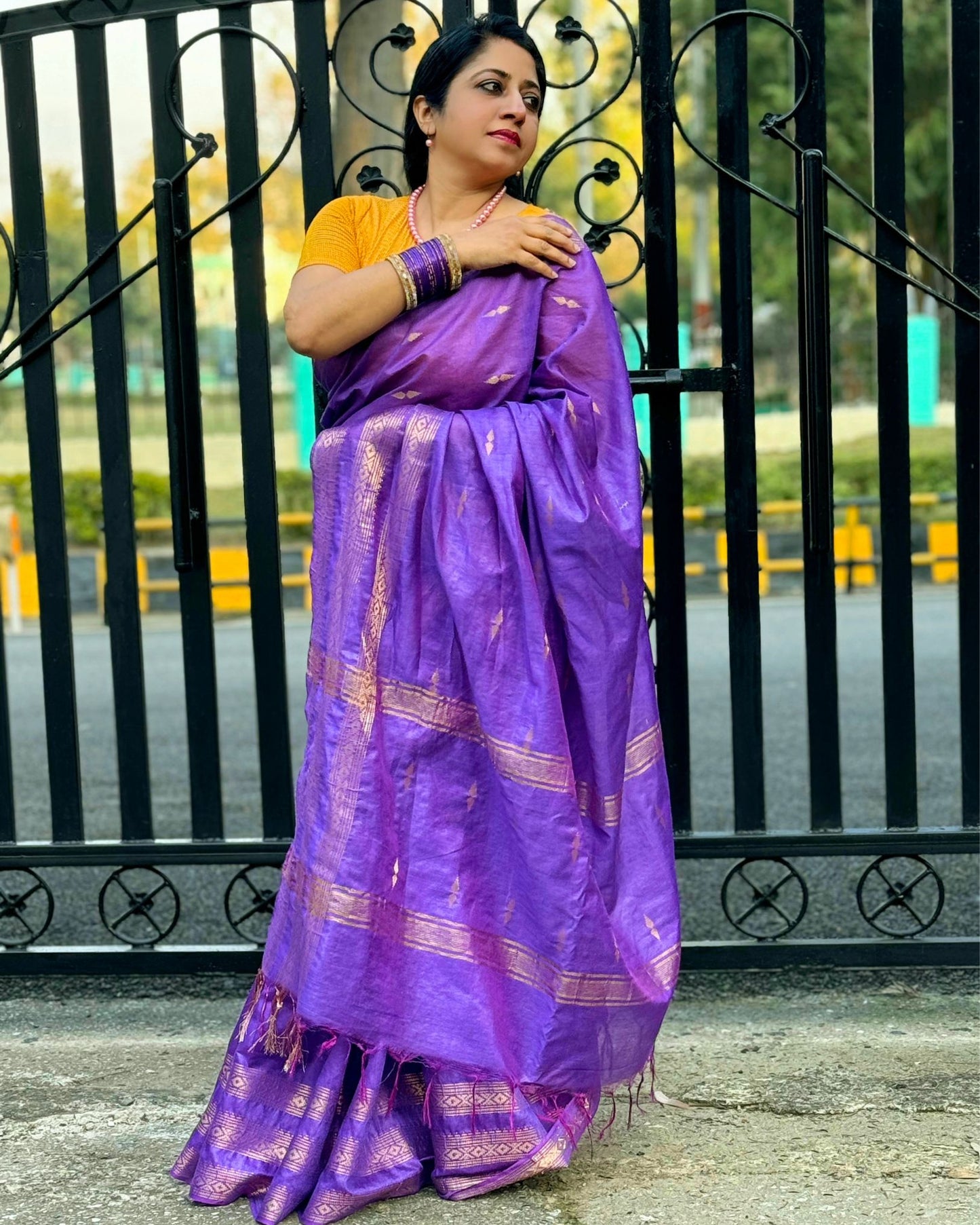 Katan Silk Saree Lavender Color Banarasi Weaves with running blouse - IndieHaat