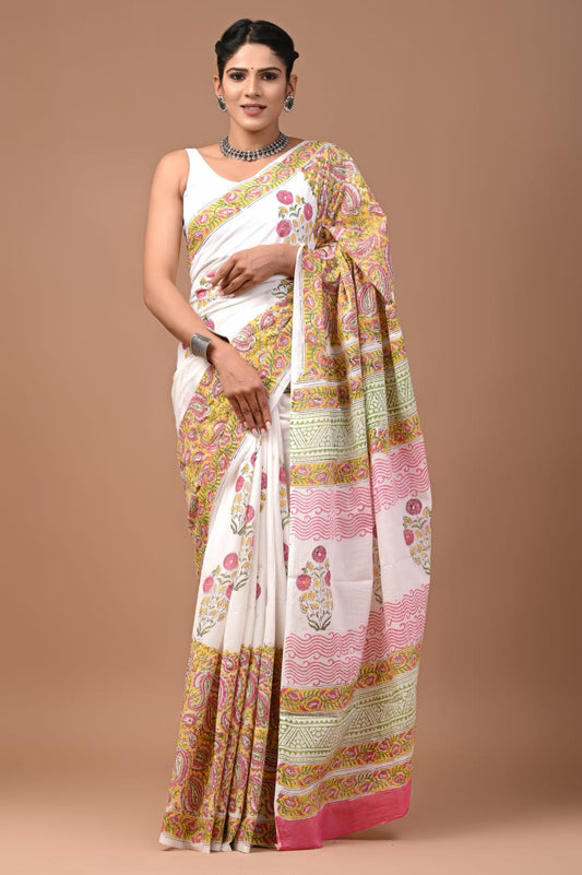 Mulmul Cotton Saree White Color Handblock Printed with running blouse - IndieHaat