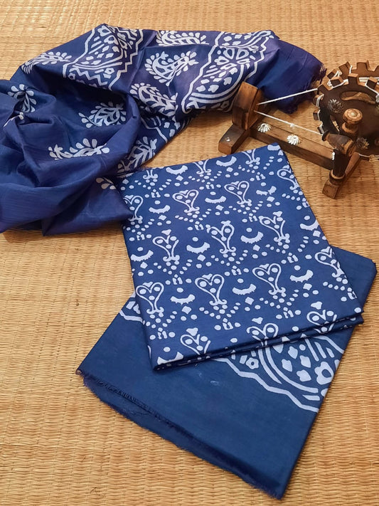 Katan Silk Suit Indigo Blue Color Indigo Handblock Print with Top+Bottom+Dupatta - IndieHaat