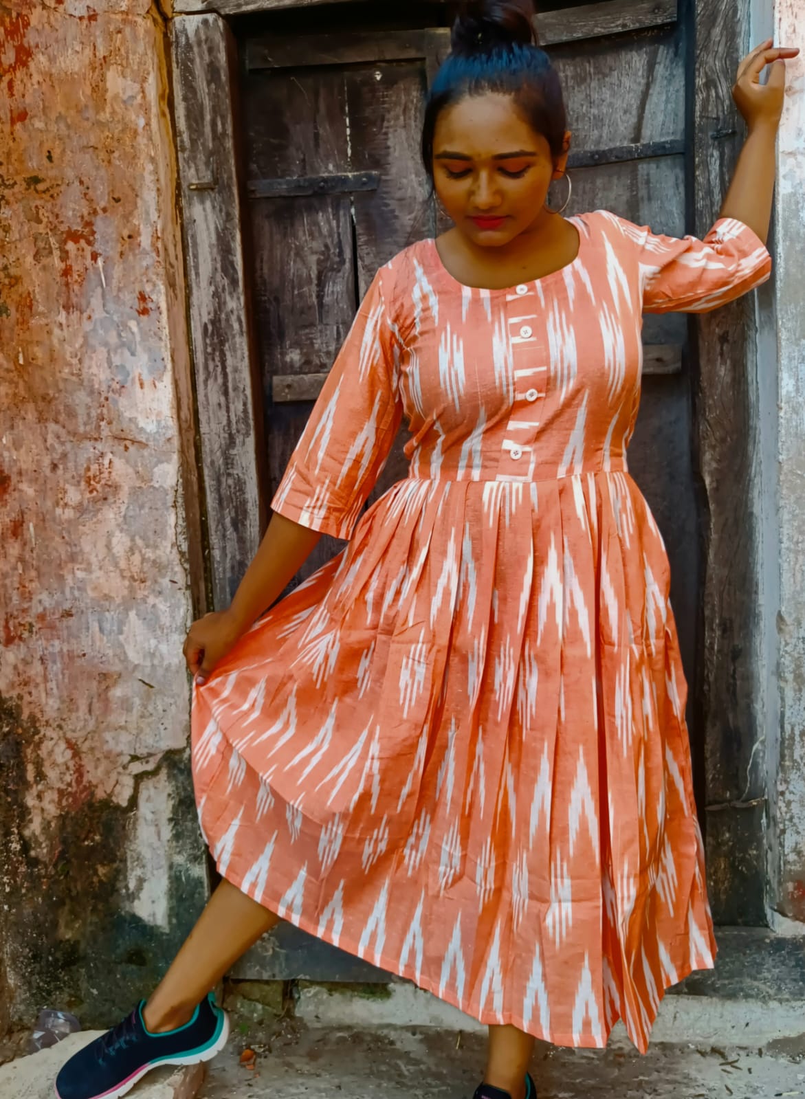 Pure Cotton Ikkat Dress Orange Colour (Size XXS(32) to Plus Size(56))-Indiehaat –