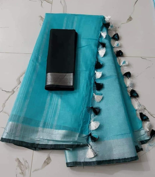 Slub Linen Hand Dyed Blue Saree with Contrast Blouse-Indiehaat