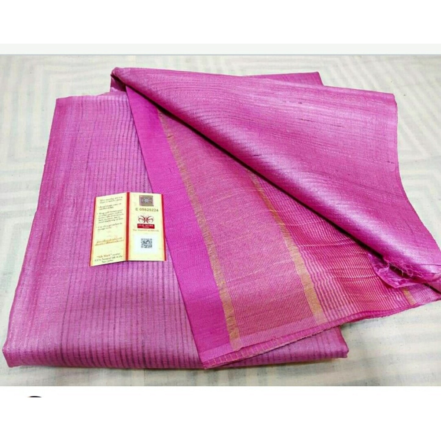 Silkmark Certified Eri Silk with Gichcha Tussar Stripes Hand Dyed pink Saree with Blouse-Indiehaat