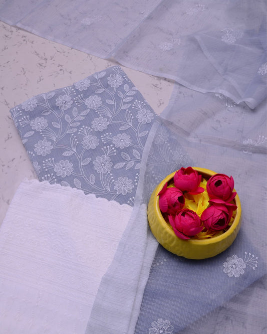 Kota Doria Suits White & Lavendar Grey Color Embroidery Work (Top+Bottom+Dupatta) - IndieHaat