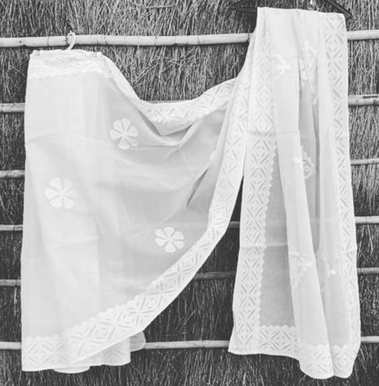 Organdy Cotton Saree Applique Work White Colour with running blouse-Indiehaat