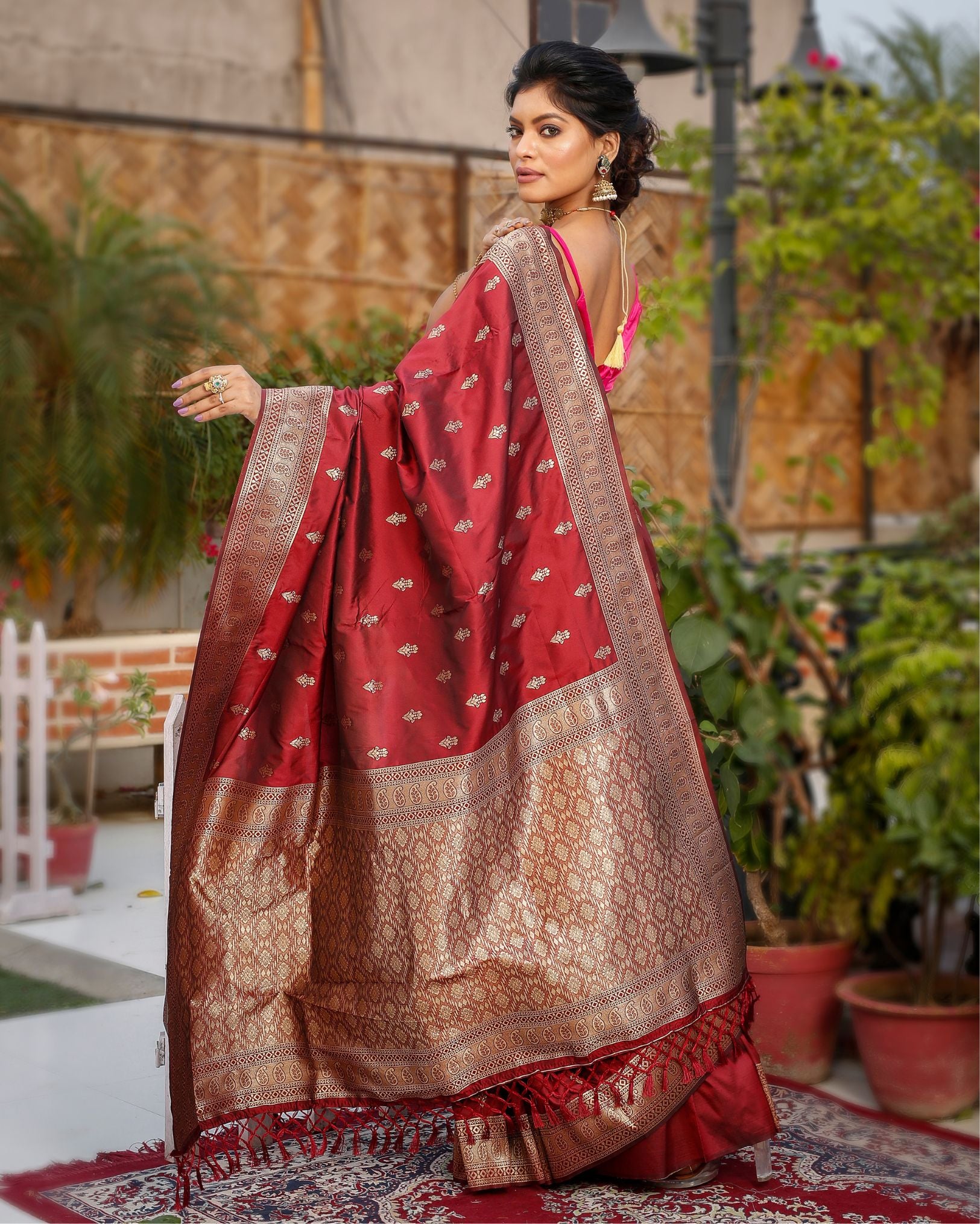 Banarasi Silk Saree Maroon Color with allover buti and blouse - IndieHaat