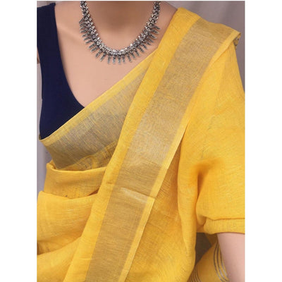 Melodic Handwoven Pure Linen Yellow Saree