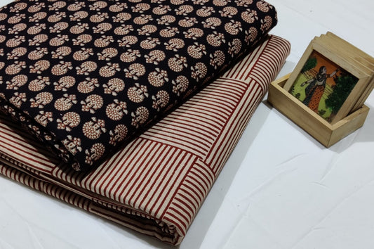 Pure Cotton Suit Set Black and Brown (Only Top and Bottom) Handblock Print - 2.5 Meter Each-Indiehaat