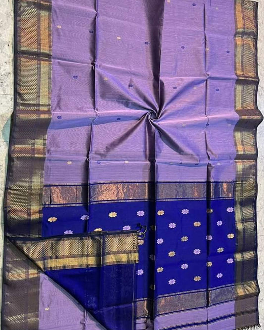 Maheshwari Handloom Handwoven Saree Pastel Lavender Color Double Design Zari Border, flower work Buti pallu and running blouse - IndieHaat