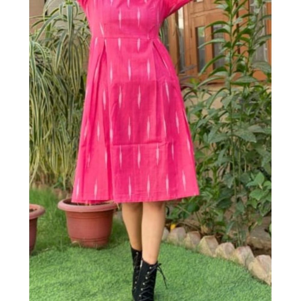 Pure Cotton Pink Ikkat Handblock Printed Prestitched Dress (Size 34 to 46)-Indiehaat