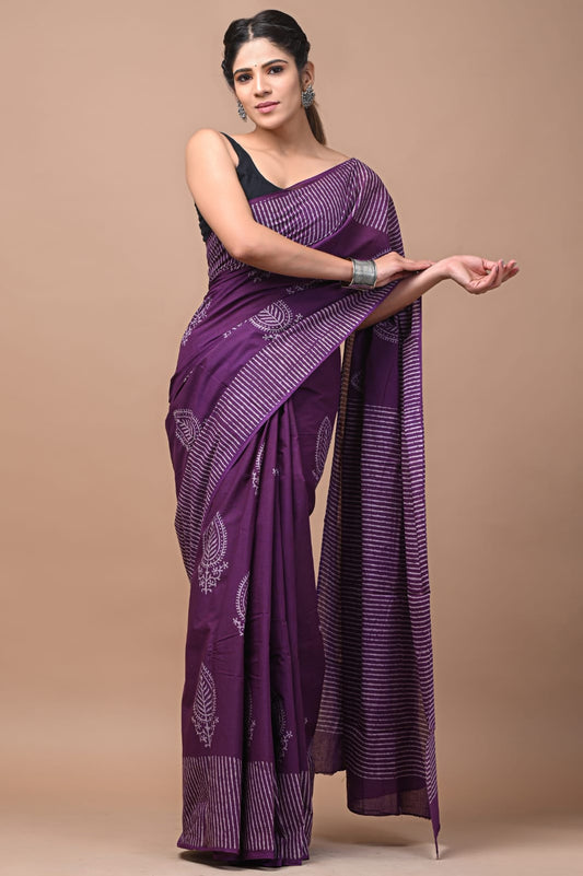 Mulmul Cotton Saree Plum Purple Color Handblock Printed with running blouse - IndieHaat
