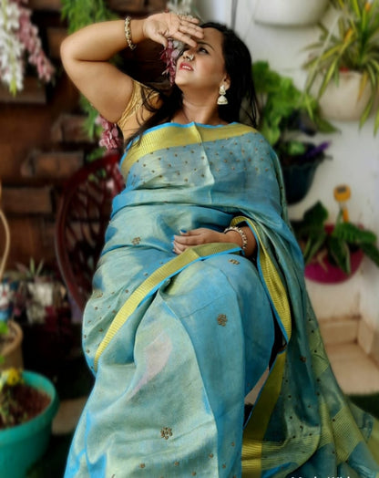 Handdyed Pure Tissue Linen Digital Embroidered Saree Blue Colour With Running Blouse-Indiehaat