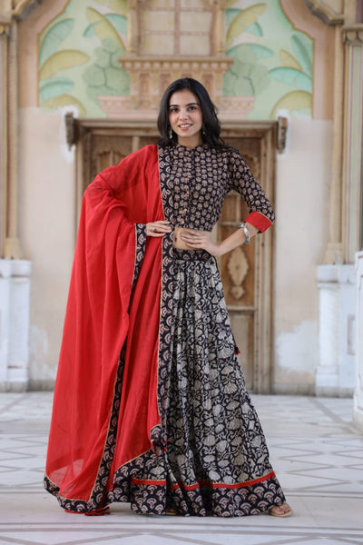 Blockprinted Stitched Cotton Mardi Gras Violet Lehanga Choli Set