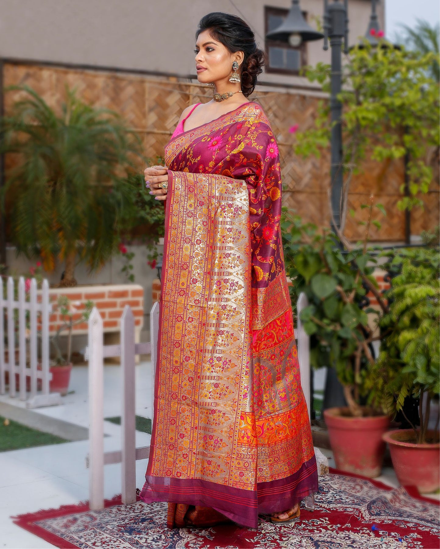 Kashmiri Modal Silk Saree Purple Color with contrast pallu and blouse - IndieHaat