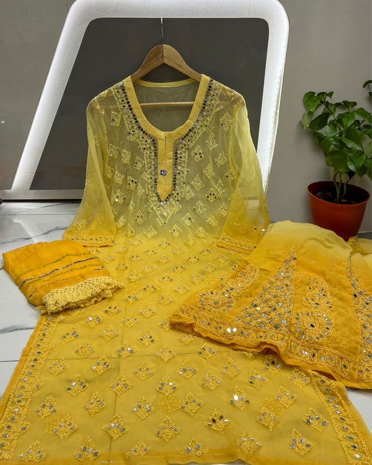 Georgette Kurti Yellow Color Chikankari Ombre Mirror Work with Dupatta, Bottom and Inner - IndieHaat