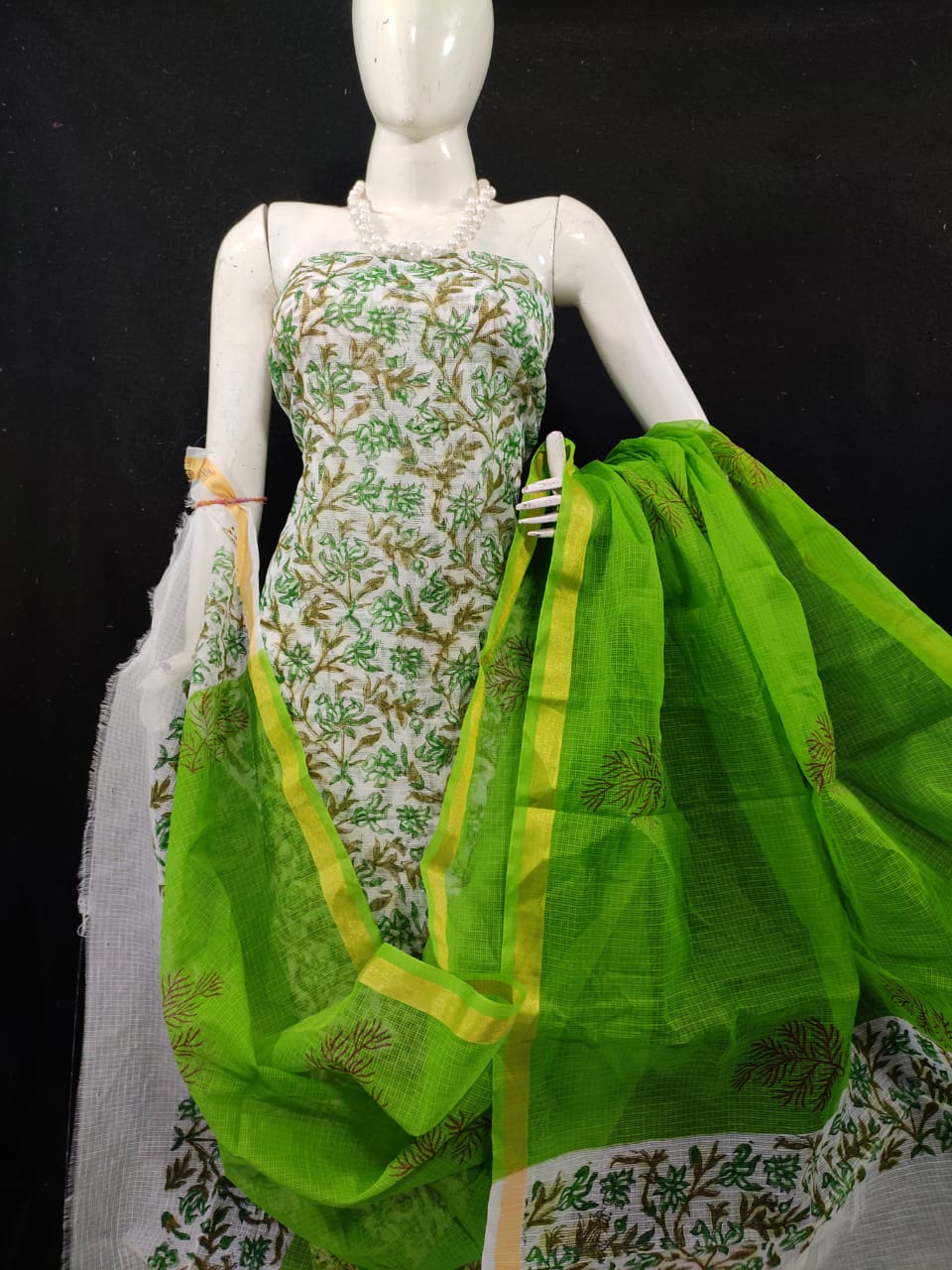 Kota Doria Green Suit Material Handblock Printed with Zari Border