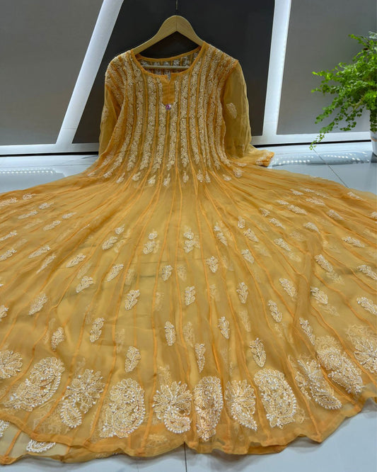 Georgette Anarkali Gown (56 kali) Yellowish Orange Color Chikankari work with inner - IndieHaat