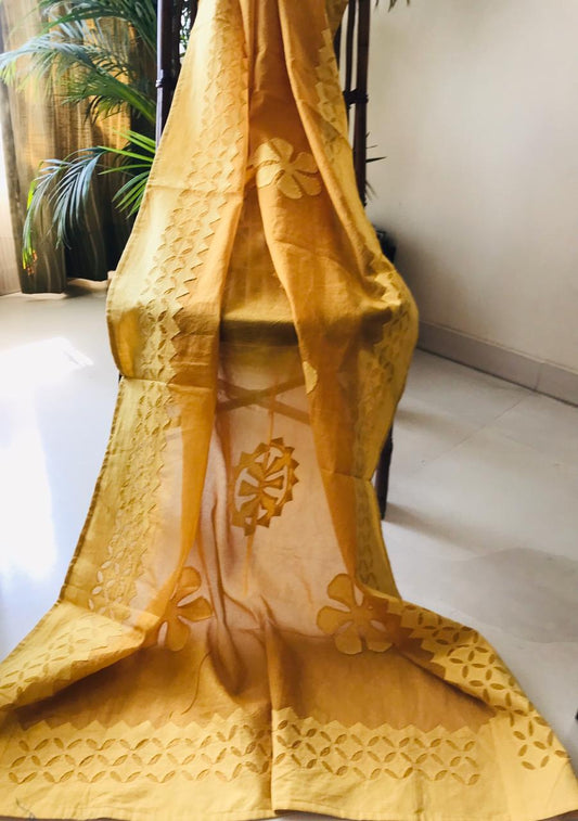 Organdy Cotton Saree Applique work Orangish Yellow Colour with running blouse-Indiehaat