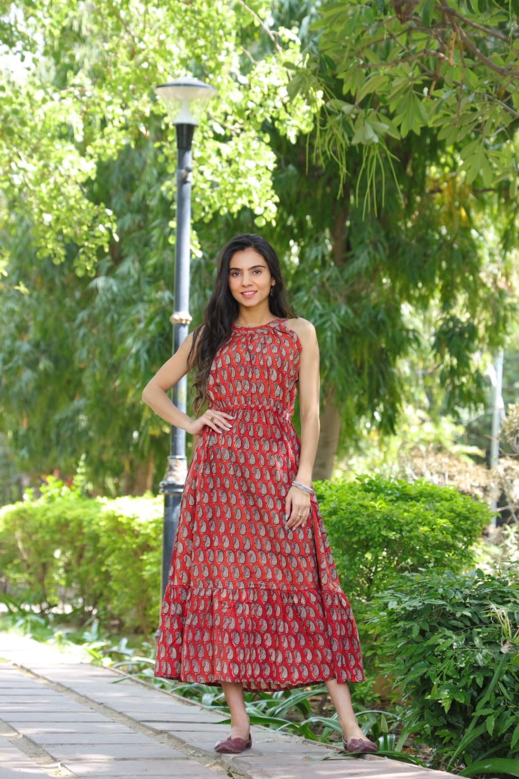 4995-Pure Cotton Halter Neck Midi Red Dress Hand Block Printed (Size: 38-46)