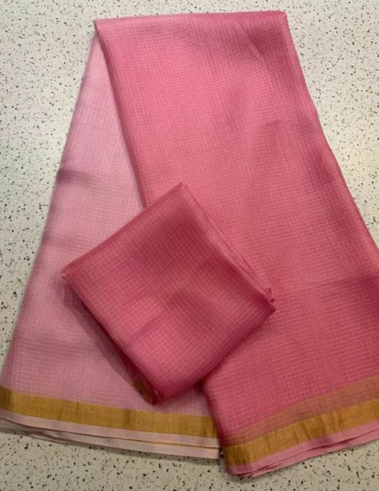 Pure Silk Kota Doria Sarees Deep Blush Pink Color with running blouse-Indiehaat