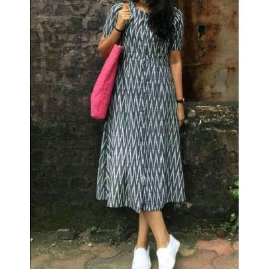 Pure Cotton Dark Grey Ikkat Handblock Printed Prestitched Dress (Size 34 to 46)-Indiehaat