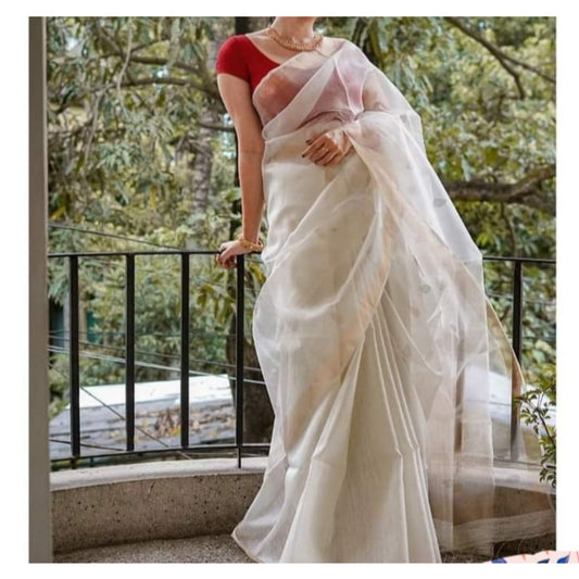 Silk Linen Handloom White Saree with Blouse Buta weaving and running blouse-Indiehaat