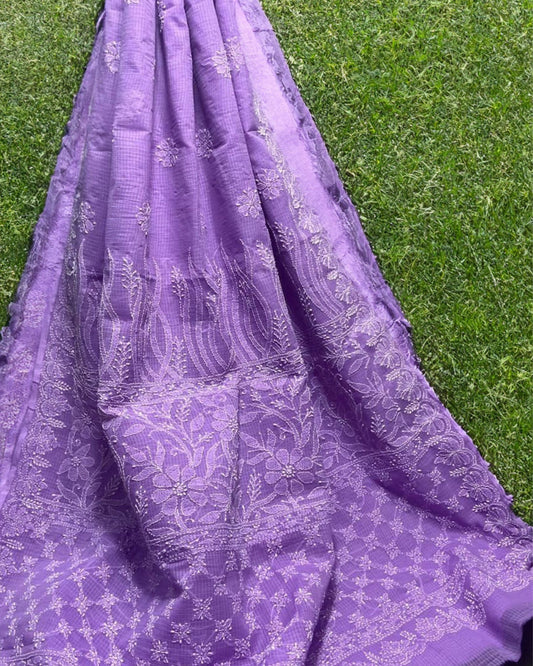 Kota Doria Saree Lavender Purple Color Chikankari work without blouse - IndieHaat