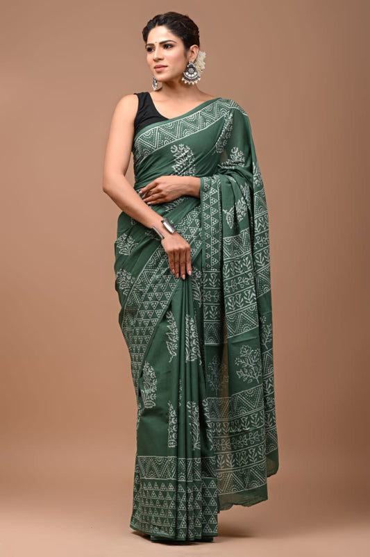 Mulmul Cotton Saree Teal Green Color Handblock Printed with running blouse - IndieHaat