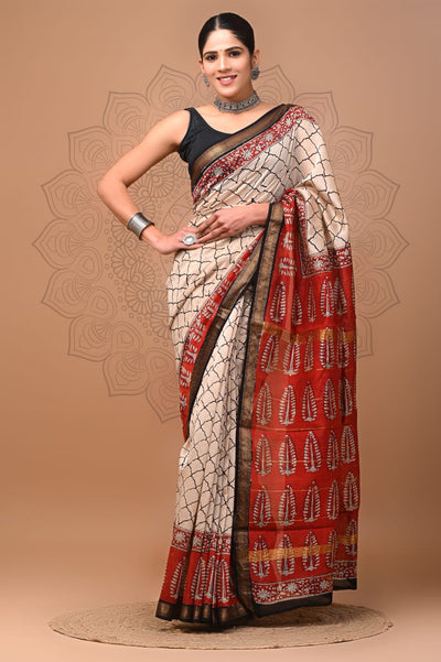 Whimsical Pure Maheshwari Pure Silk Saree Blockprint