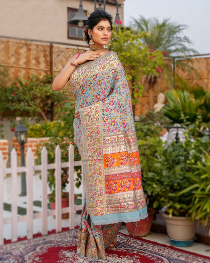 Kashmiri Modal Silk Saree Blue & Multi Color with contrast pallu and blouse - IndieHaat