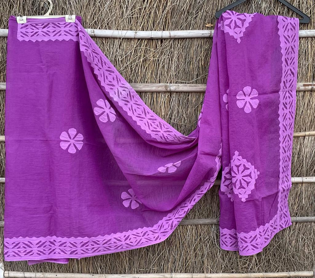 Organdy Cotton Saree Applique work Deep Lilac Violet Colour with running blouse-Indiehaat