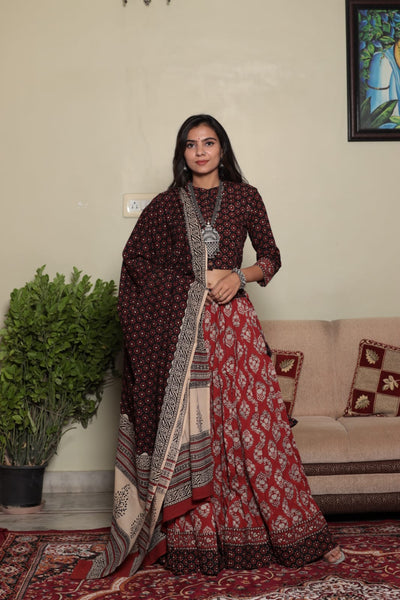 Blockprinted Stitched Cotton Flame Red Lehanga Choli Set