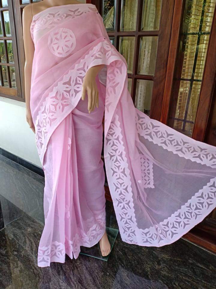 Vivid Organdy Cotton Saree Applique Work Violet
