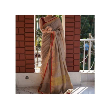 Handwoven Pure Linen Brown Saree with Blouse-Indiehaat