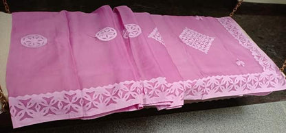 Organdy Cotton Saree Applique work Lilac Violet Colour with running blouse-Indiehaat