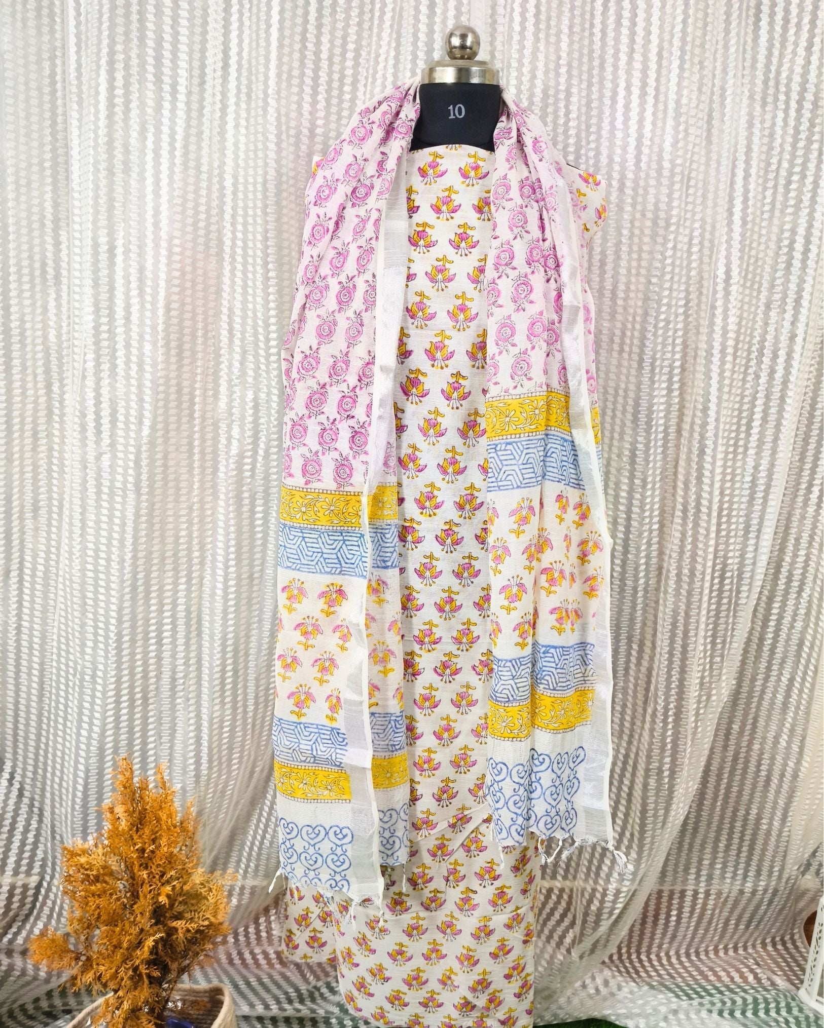 Buy Off White Yellow Hand Block Printed Cotton Top with Pants- Set