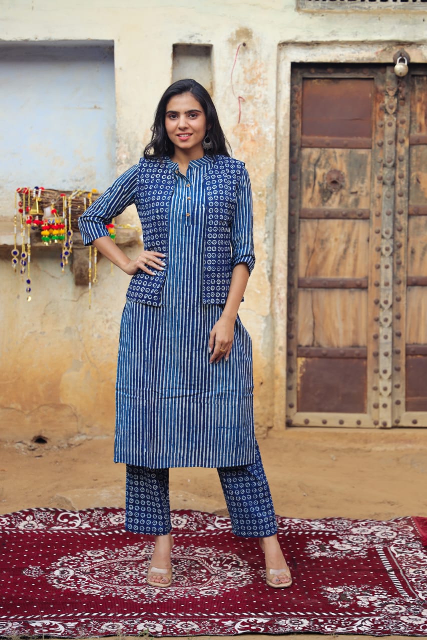 Blue All over Printed Cotton Stitched Straight Suit Set, ESTFABS-1774