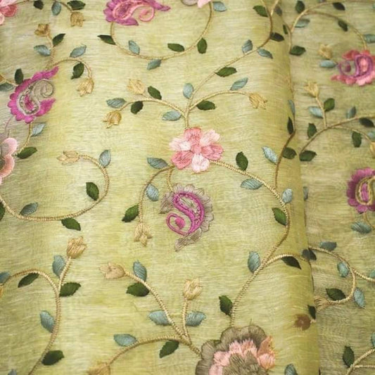 Silk Linen Embroidered Handloom Yellow Saree with Blouse-Indiehaat