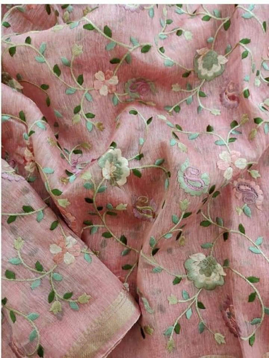 Silk Linen Embroidered Handloom Pink Saree with Blouse-Indiehaat