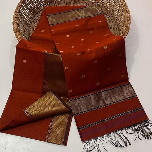 Maheshwari Cotton Silk Saree Butta Body Brown Color and contrast blouse with butta design - IndieHaat