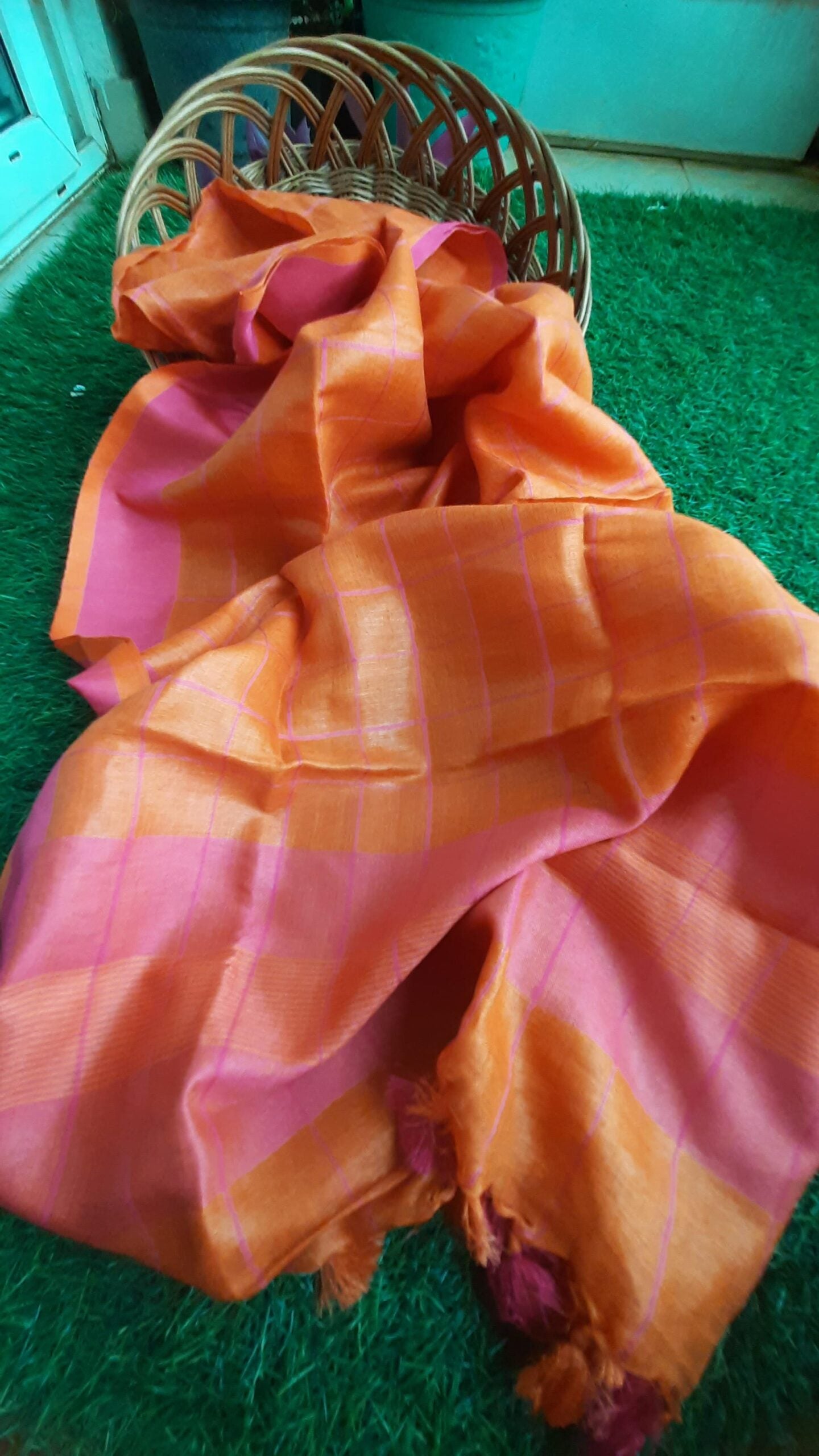Pure Linen Red Dupatta With Yellow Ikkat Kurti Material-Indiehaat